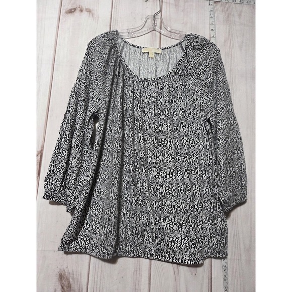 Michael Kors Blouse Womens Large Black White Logo Print 3/4 Sleeve Peasant Boho - Picture 1 of 8